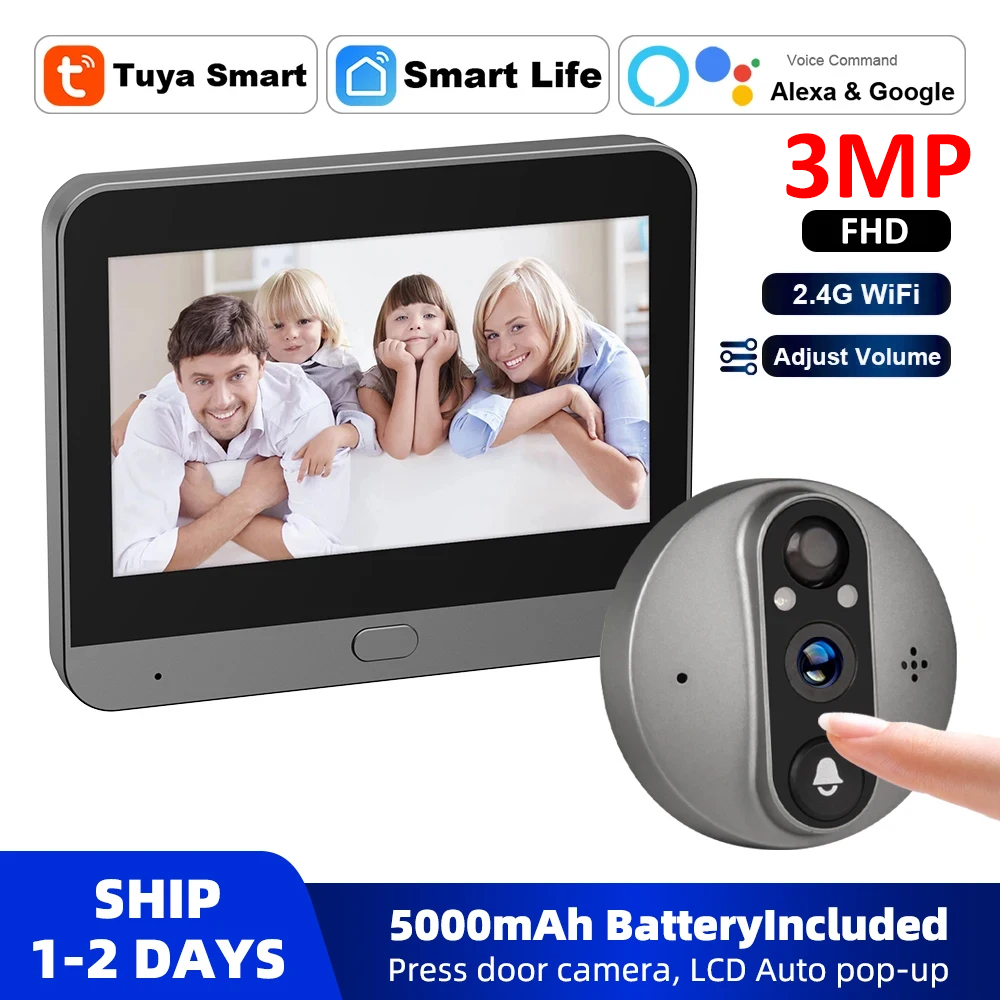 Peephole Camera Viewer - 3MP WiFi Smart Tuya Peephole 5000mAh